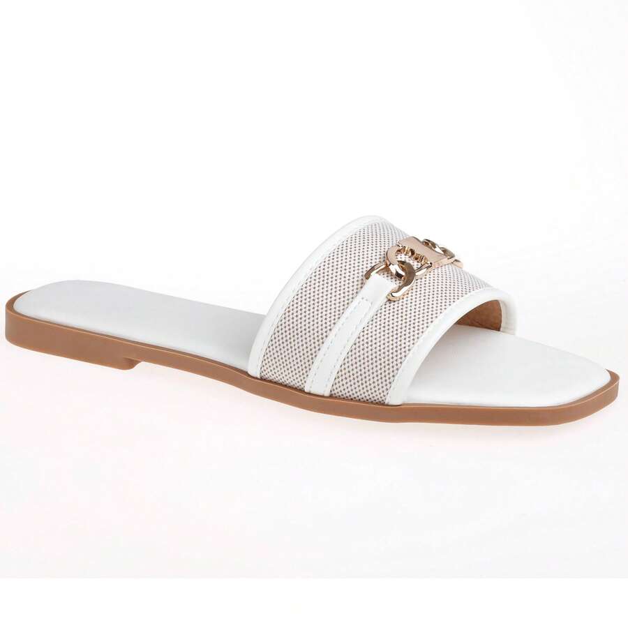 calcena Women's Flat Slide Sandals With Chain Detail – Elegant Open-Toe Summer Slip-On With Square Toe Design - White - View 1
