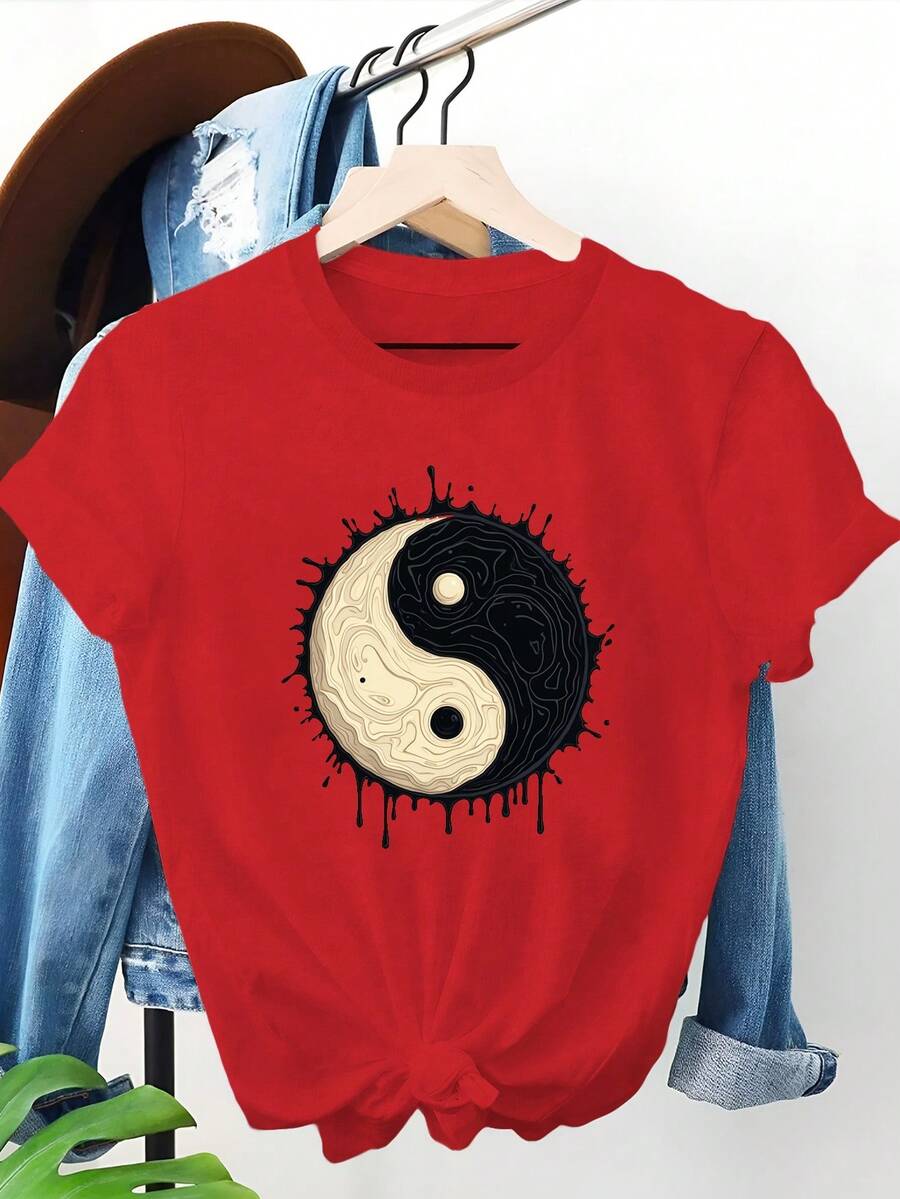 Yin Yang With Liquid Effect Teediy Women's Pure Cotton T-Shirt With Comfortable Fit - 紅色 - 查看 1