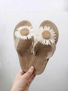 Sandalias de mujer de lino y cuerda, cómodas sandalias de playa bohemias de verano con diseño de girasol trenzado, chanclas de suela blanda EVA de varios colores, sandalias planas tipo chancla para vacaciones de verano - Caqui - Ver 6