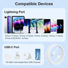 PD 快速充电器线，USB Type-C 转 Lightning，纯铜线芯，兼容 14 13 12 11 /Mini Pro XR Xs Max X SE 8 7 6 Plus/iPad /iPod Nan 快速充电 MFi 认证 - 白色 - 查看 4