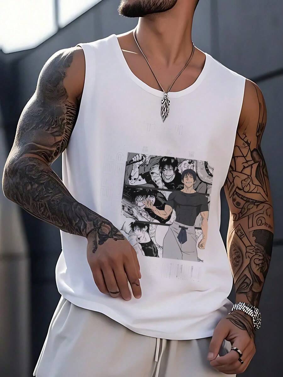 1pcs Cool Anime Graphic Printed Men's Tank Tops Summer Muscle Tank Tops 100% Pure Cotton Ideal Choice For Gym Workout And Casual Wear - 白色 - 查看 1