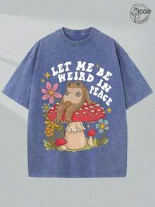 Summer T-Shirt, 230G Washed T-Shirt, "Fantasy Frog Mushroom And Flower", Printed T-Shirt With Pattern, Wax Printed Cotton Thickness, Outdoor Activity, Great Gift Item W - 寶藍色 - 查看 1