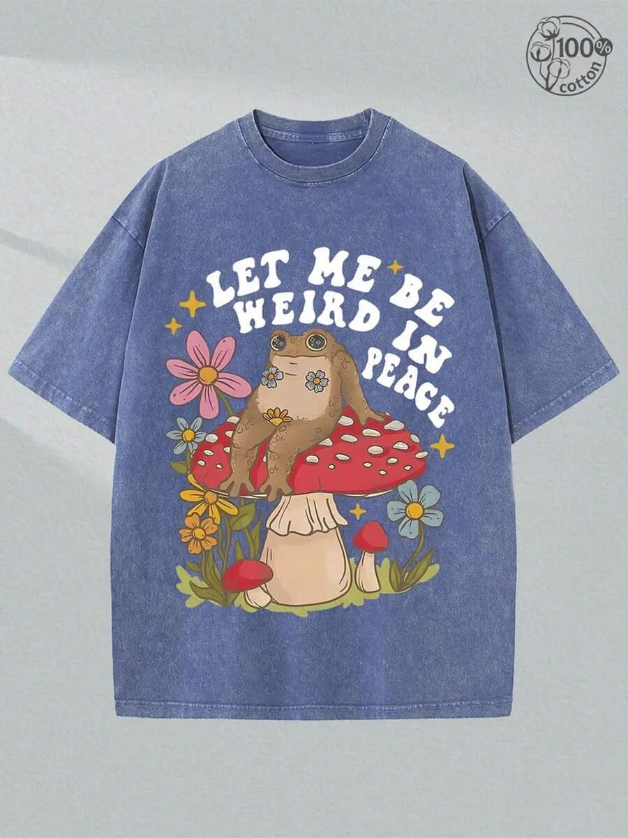 Summer T-Shirt, 230G Washed T-Shirt, "Fantasy Frog Mushroom And Flower", Printed T-Shirt With Pattern, Wax Printed Cotton Thickness, Outdoor Activity, Great Gift Item W - Xanh đậm - Xem 1