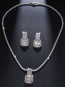 1 Set Luxury Crystal Bridal Wedding Gown Accessories - Necklace & Earrings Jewelry Set With CZ Stones