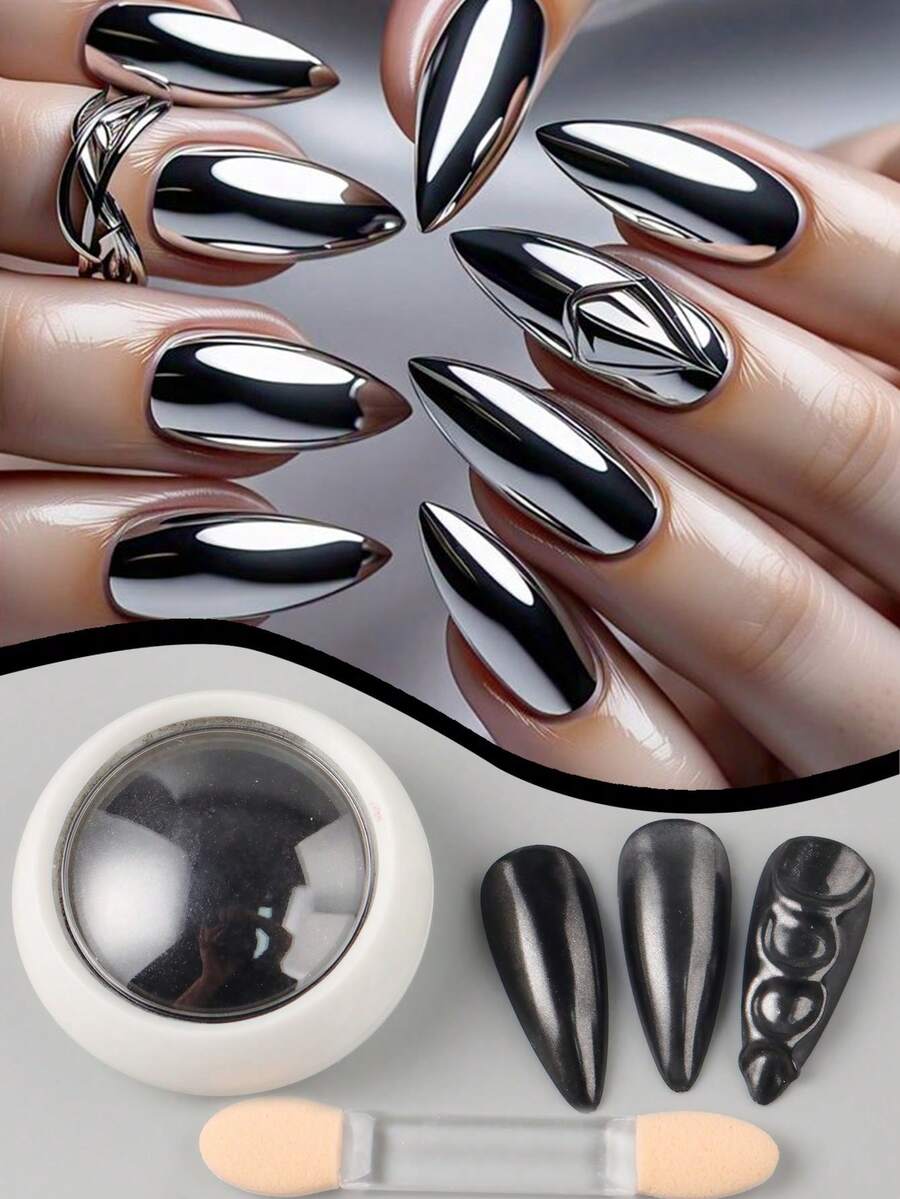 1盒魔镜黑指甲铬粉全息金属深色指甲闪粉颜料哥特式摩擦粉凝胶指甲油美甲用品 - 彩色 - 查看 1