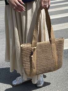 Large Capacity Tote Bag Hand-Held Straw Bag Shoulder Bag Seaside Vacation - Khaki - View 3