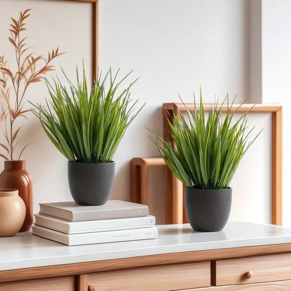 Mis Aman 2pcs Lifelike Artificial Sage Grass Bonsai Trees In Black Pots - Durable, Maintenance-Free Faux Greenery For Indoor/Outdoor Decor, Perfect For Home & Office, All-Season Decorations, Artificial Plants For Home Decor, Best For Christmas