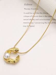 1pc Fashionable Stainless Steel Geometric Pearl Decorated Necklace, Suitable For Summer Beach Daily Wear And Holidays
