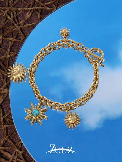 1 件波西米亚风不锈钢女士手链白色湖蓝色天然石太阳吊坠手链珠宝派对礼物太阳链手链，适合女性日常佩戴