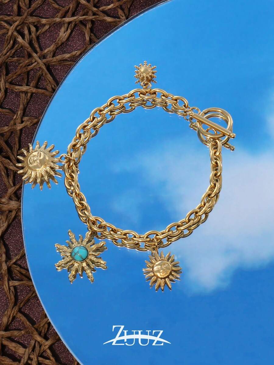1件波西米亚风不锈钢手链，女士款，白色和天蓝色天然石太阳吊坠，手链饰品，派对礼物，太阳链手链，适合女士日常佩戴 - 手鍊 - 查看 1