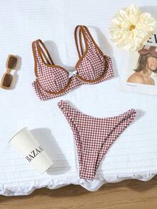 Bộ bikini 2 mảnh mới dành cho nữ, kiểu dáng hở lưng, họa tiết hoa nhí và trang trí kim loại, thích hợp cho kỳ nghỉ hè trên bãi biển. - Màu nâu - Xem 4