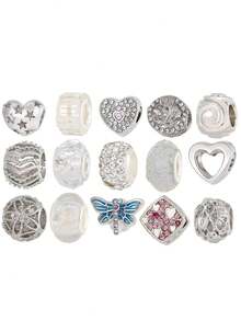 15pcs Simple Heart, Dragonfly And Flower Beaded Diy Jewelry Set, Including Bracelet, Pendant And Charms - Multicolor - View 1