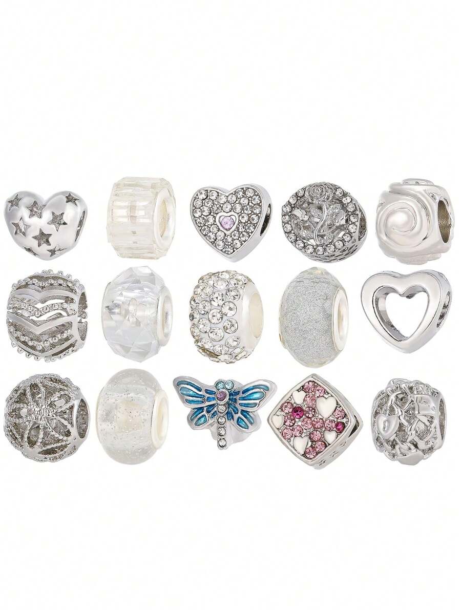 15pcs Simple Heart, Dragonfly And Flower Beaded Diy Jewelry Set, Including Bracelet, Pendant And Charms - Multicolor - View 1