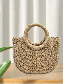 1个草编包，带人造花装饰，半月形女童手提包，编织斜挎小包，沙滩包 - 彩色 - 查看 11