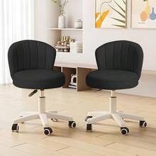 Small Desk Chair Round Rolling Chair With Back PU Leather Height Adjustable Swivel Vanity Work Computer Stool Chair For Home Office Bedroom With 2 Pack - 黑色 - 查看 1
