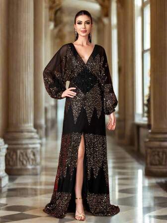 Missord V-Neck Lantern Sleeve Sequin Gown Evening Dress Party Dress Wedding Guest Dress Formal Dress