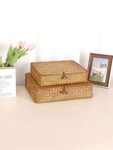 1pc Handwoven Seagrass Storage Basket With Lid, Personalized Decorative Organizer Box, Suitable For Home Display, Bathroom, Kitchen, Snack, Jewelry, New Year Gift Wrapping, Bedroom, Living Room, Drawer, Desktop Cosmetics And Miscellaneous Storage - Multicolor - View 4