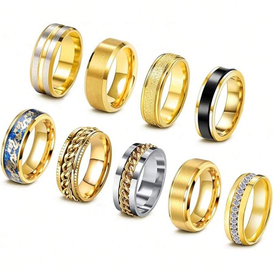 Set de 9 anillos giratorios de acero inoxidable para aliviar la ansiedad - oro - Ver 1