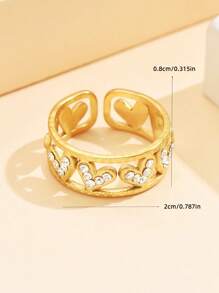 1 pieza Anillo abierto ajustable con hermosas piedras de diamante, anillo de acero inoxidable con forma de corazón, chapado en oro de 18K, joyería multiusos para mujer, para uso diario