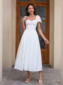 PARTHEA 露背交叉系带蕾丝拼接塑身泡泡袖褶皱紧身连衣裙（拉链，性感）白色夏季 - 白色 - 查看 3