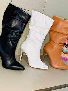 Women's Mid-Calf Boot With Thin Heel, Accordion-Style, Lined Zipper - 駝色 - 查看 3