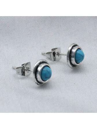 1 Pair Vintage Turquoise Round Stud Earrings, Gift For Women And Girls For Weddings, Engagement, Parties