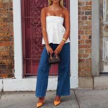 Womens's Ruffle Hem Bandeau Tube Tops Y2K Aesthetic Sleeveless Strapless Peplum Flowy Blouse Shirts Summer Going Out Tanks - White - View 7