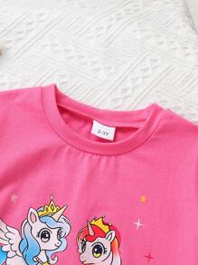 Set de 6 piezas: Conjuntos de camisetas para niñas, con estilo y lindas, de tela suave, transpirable y cómoda con estampado de dibujos animados, camiseta de cuello redondo y manga corta, y pantalones cortos deportivos decorados con lazos, adecuados para casual, diario, vacaciones y fiesta