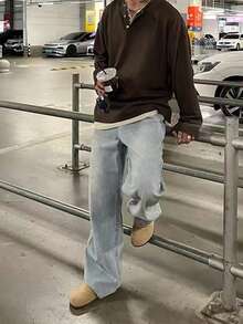 1pc Casual Fashion Light Blue Relaxed Fit Straight Leg Washed Denim Jeans, Suitable For Spring/Summer/Autumn/Winter