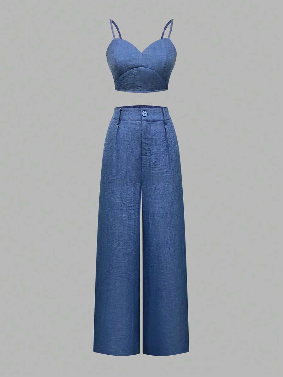 2件套女士休闲细肩带上衣和前开裤套装，春夏