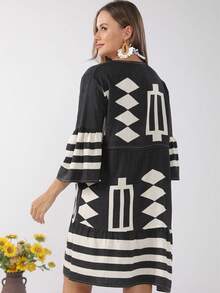 Vestido Cover Up De Mujer De Bata Informal Con Escote En V Con Estampado Geométrico,Cover Up Con Diseño Cordón De Manga Acampanadas - Negro - Ver 5