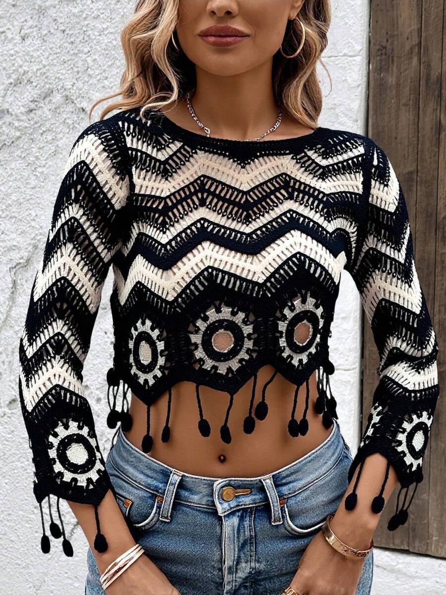 blusa tejida  Zigzag  Estampado Integral    Casual  Bohemio    Tela tejida    Flecos    Diario - Blanco y Negro - Ver 1