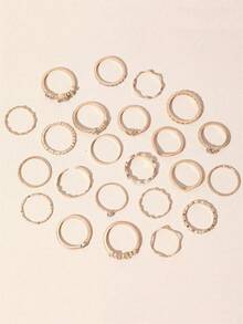 23pieces Star And Moon Rings, Diamond-Encrusted Heart-Shaped Eyes, 23-Piece Leaf Set Rings, Creative Retro Joint Rings, Luxurious And Elegant Rings, Perfect For Parties And Galas - one-size - View 6