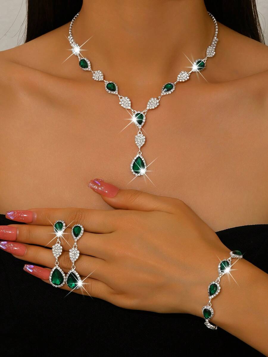 Fashionable Wedding Jewelry Set - Necklace, Bracelet And Teardrop-Shaped Rhinestone Earrings - 1662796 Green Suit - View 1