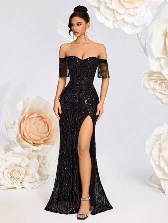 ADYCE Women's Off-The-Shoulder Long Prom Dress, Beaded Embroidery Tassel Sleeve High Waist Split Lace Up Back Party Dress For Gala, Party, Evening, And Date Night (Embroidered Position Random)