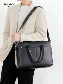 saroxi 男士公文包，经典大容量电脑包，PU 皮革简约纹理办公室/工作通勤包，适合送给丈夫的礼物，秋季 - 黑色 - 查看 5