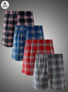 4pcs/Set Men's Plaid Print Stretchy Loose Casual Shorts, Breathable Comfortable Pajama Pants, With Elastic Waistband, Multi-Color Combination