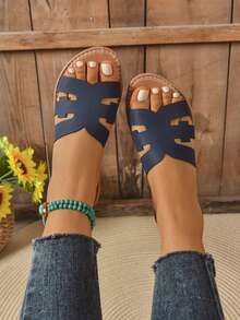 Sandalias planas de talla grande para mujer, de un solo color, cómodas y ligeras para uso casual y playa, con un diseño simple y de moda - Azul Marino - Ver 2