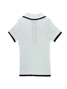 Fitted Short Sleeve Polo Collar Top, Casual & Professional Versatile Summer New Rib Knit Contrast Color T-Shirt For Women
