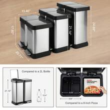 Papelera de cocina con 2 compartimentos, papelera con tapa, cubo de pedal de 20L con cierre suave de acero inoxidable, papelera ligera, reciclaje combinado con pedales, color plata [20L+20L] - Plateado - Ver 4