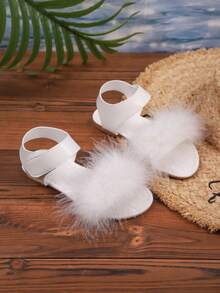 1 Pair Fashion Fur Decor Girls Casual Flat Sandals, Suitable For 3-15 Years Old Kids To Wear Indoors, Outdoors, Vacation, Beach, Parties - White - View 8