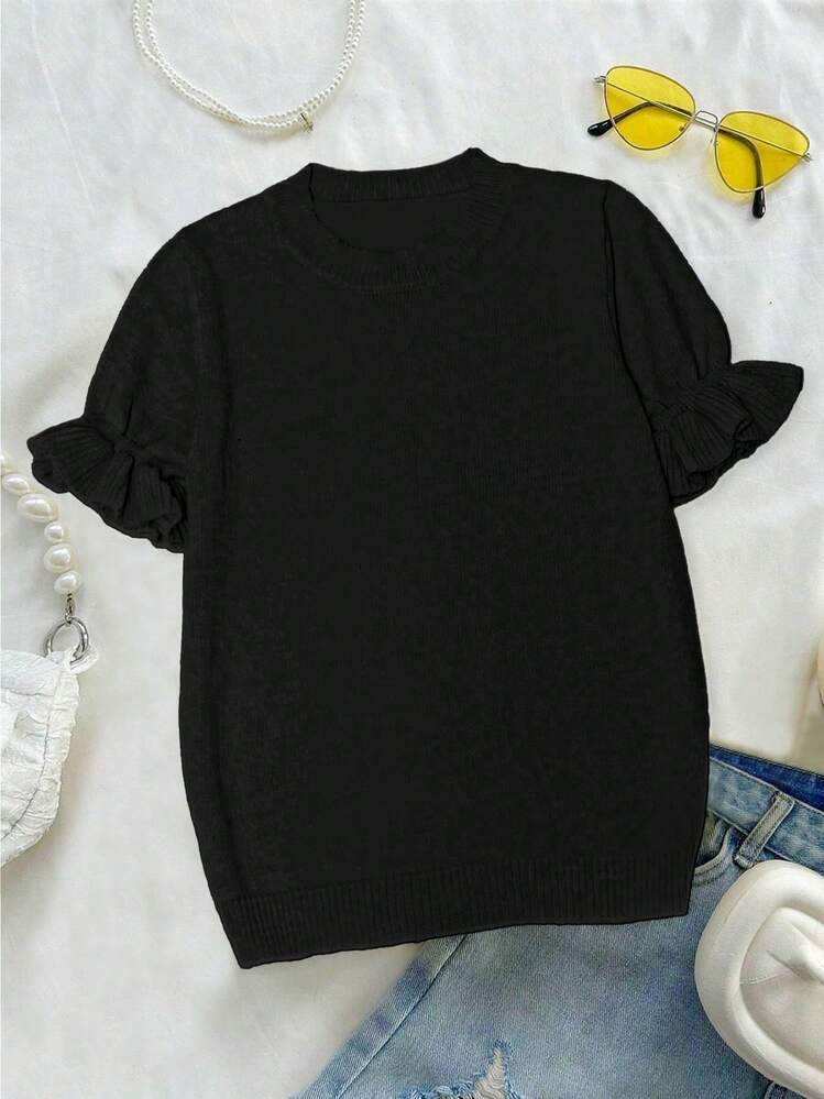 Camiseta holgada de mezcla de lana con cuello redondo, volantes en el bajo y mangas cortas, unicolor, para mujer, primavera/otoño, negro, verano - Negro - Añade 6