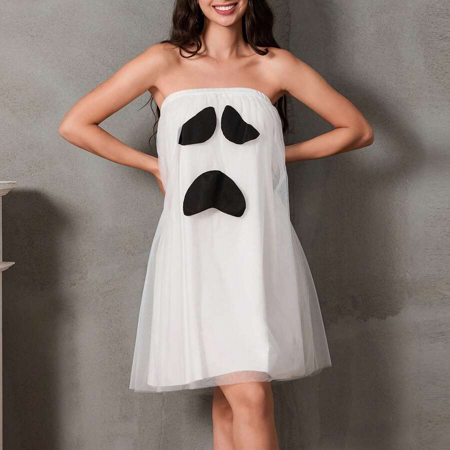 Women's Halloween Cosplay Ghost Costume, Ghost Halloween Party Cosplay Strapless Babydoll Dress Costume