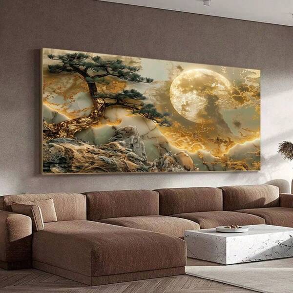 Grande impression d'art sur canevas sans cadre - Lever de soleil doré, pin 3D et pierre, décoration murale moderne pour salon ou chambre à coucher, art mural sur canevas
