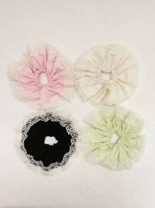 1 Piece Large Size Solid Color Flower Lace Scrunchies Fashion Elegant Cute Hair Tie For Women Ladies Suit Travel Daily Use Green Pink Black Beige Color