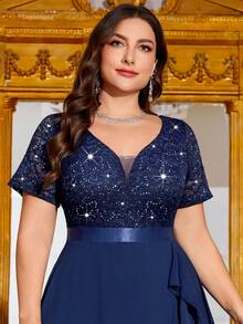 Plus Deep V-Neck Sequin Lace Contrast Chiffon Double Layer Ruffle Hem Evening Party Dress, Elegant Prom Formal Wedding Guest Dress, For Birthday, Graduation, Homecoming, Formal Dress,Gown - Navy Blue - View 8