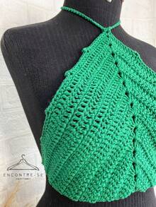Cropped Crochet Summer 2024 Top Knitted Halter Beach Fashion Carnival Neon - Lá cờ xanh - Xem 6