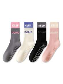 3/4/6 Pairs Of Pilates Non-Slip Grip Socks With Colored Letters Contrasting Double Lugs Yoga Mid-Tube Long Sports Socks Suitable For Four Seasons Fitness Ballet Yoga Indoor Sports Barefoot Hospital Floor Socks
