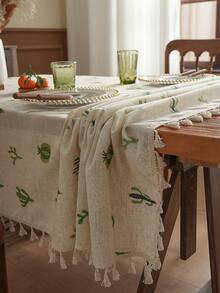 1 件带流苏的仙人掌刺绣桌布，精致的花卉刺绣装饰，适用于客厅、卧室、厨房、咖啡桌、电视柜、蕾丝边盖