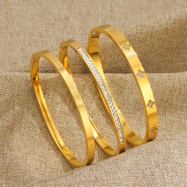 3pcs Stainless Steel Bracelet Set With Rhinestone Decoration, Suitable For Women's Layered Bracelet Set, Suitable For Daily Wear And Party Gifts